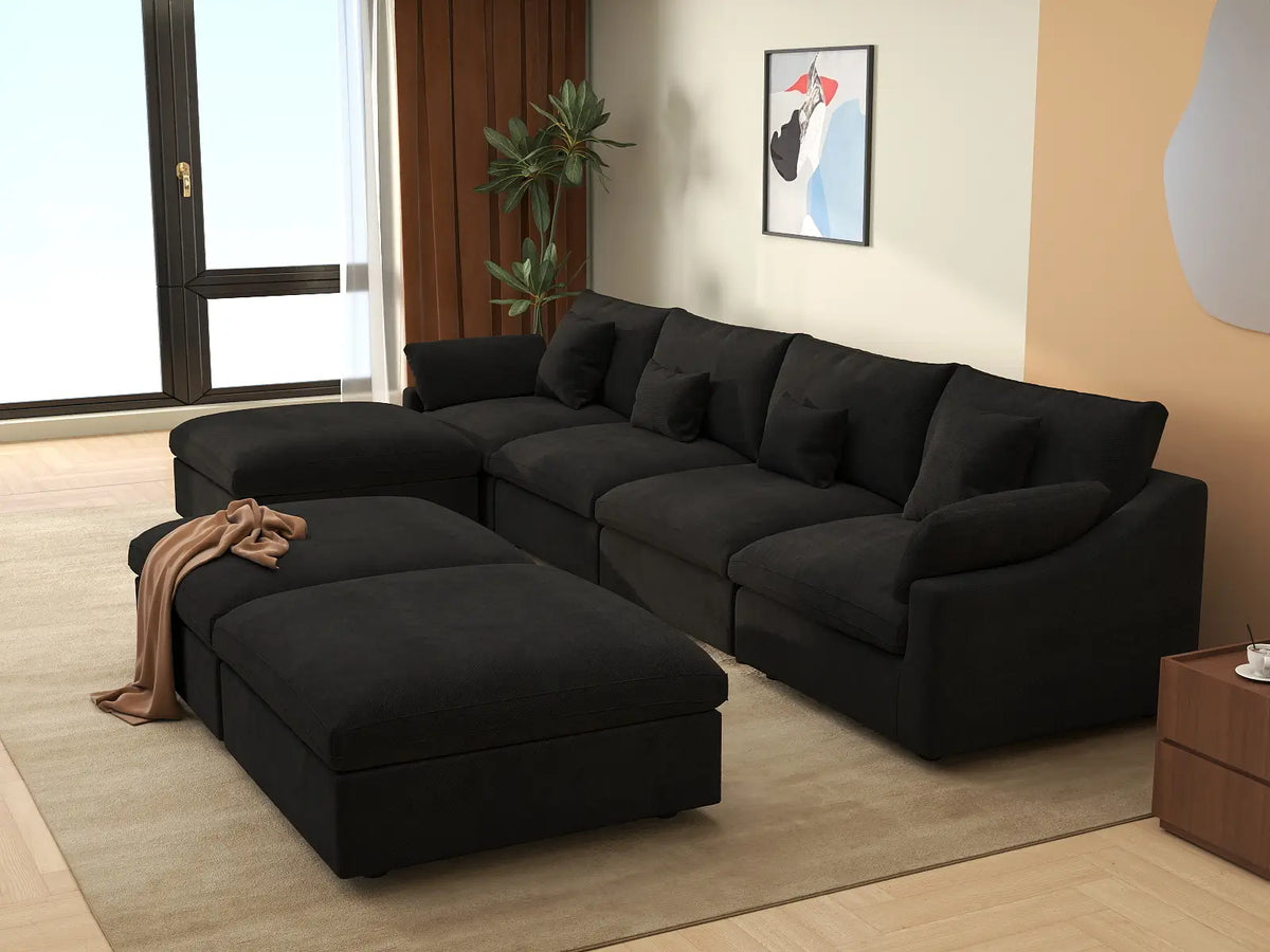 Deluxe Slope Cloud Sectional Sofa Covers | Black Chenille and Linen Sofa Cover for 4-Seater with 3-Ottomans — product view 4