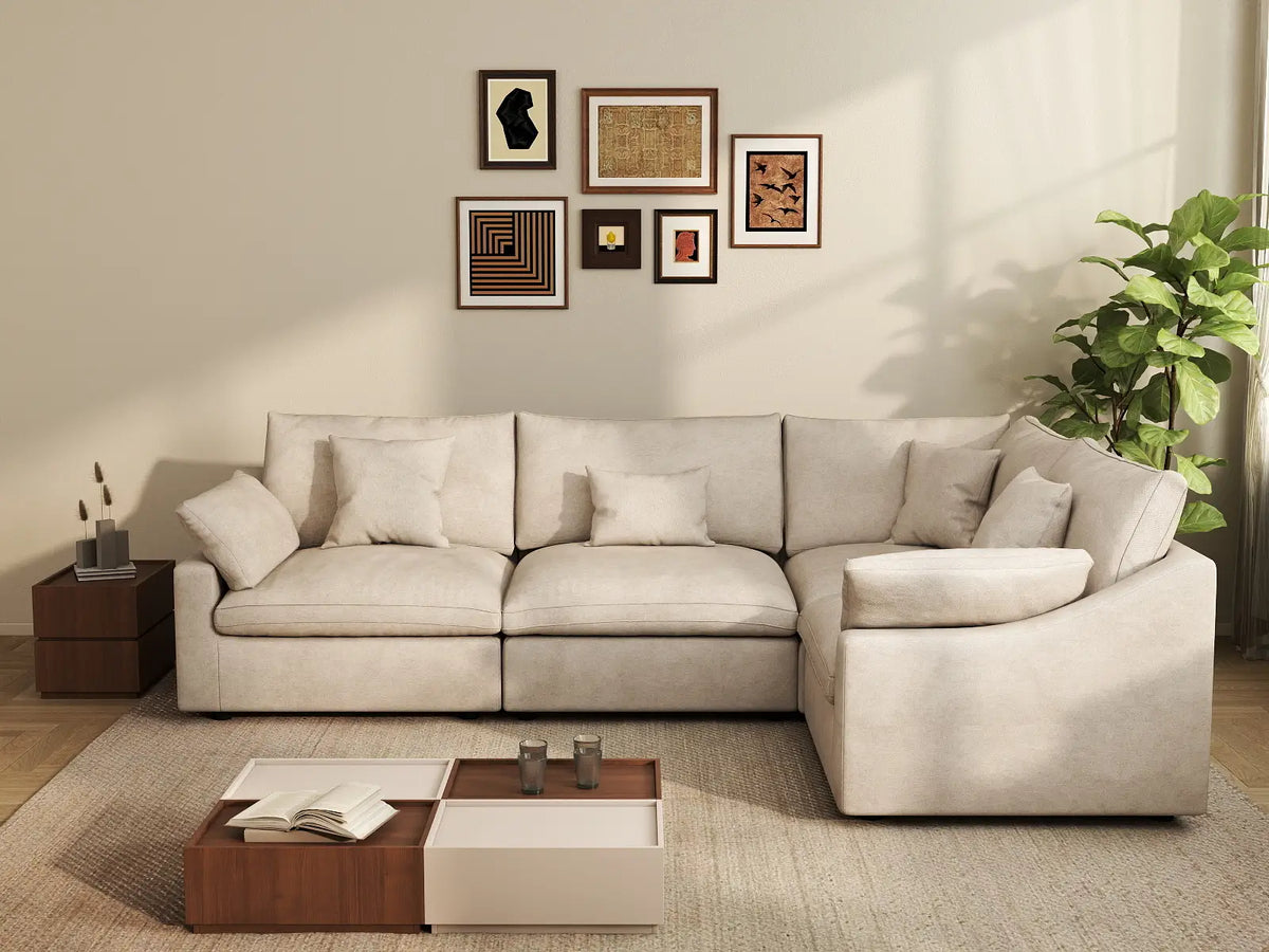 Deluxe Slope Cloud Sectional Sofa Covers | Khaki Chenille and Linen Sofa Cover for 4-Seater — product view 4