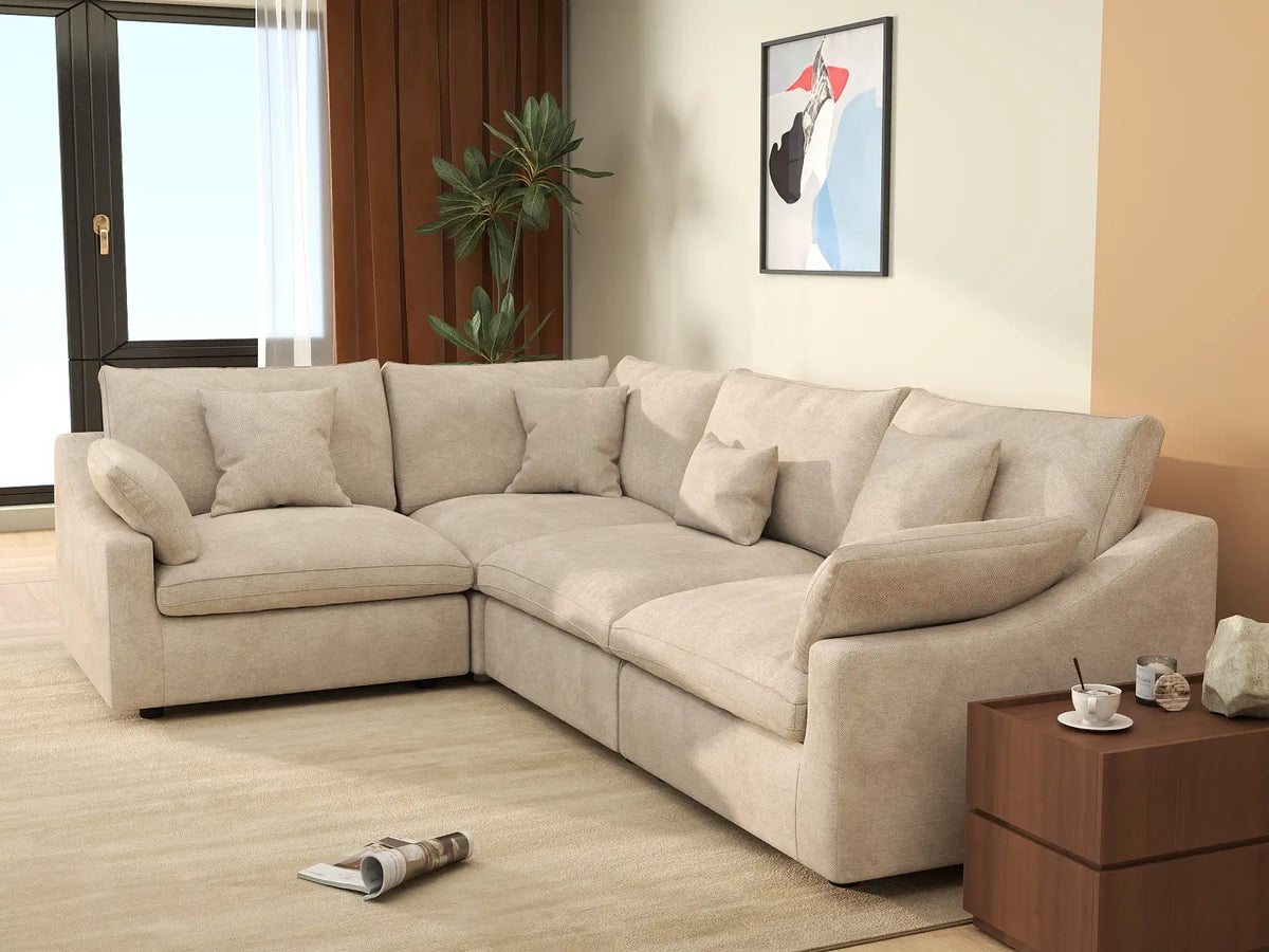 Deluxe Slope Cloud Sectional Sofa Covers | Khaki Chenille and Linen Sofa Cover for 4-Seater — product view 3