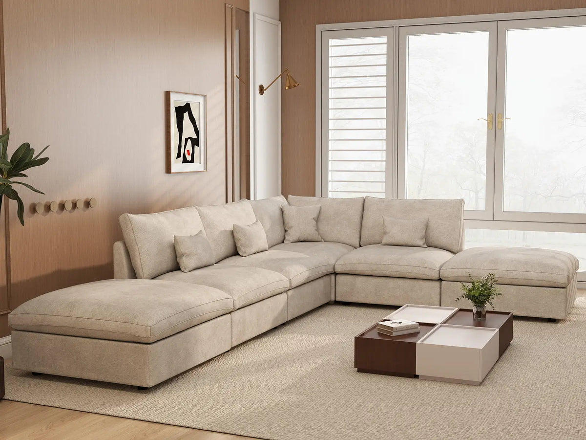 Deluxe Slope Cloud Sectional Sofa Covers | Khaki Chenille and Linen Sofa Cover for 4-Seater with 2-Ottomans — product view 4