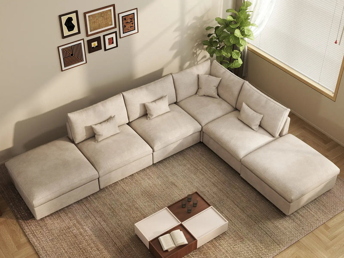 Deluxe Slope Cloud Sectional Sofa Covers | Khaki Chenille and Linen Sofa Cover for 4-Seater with 2-Ottomans — product view 3