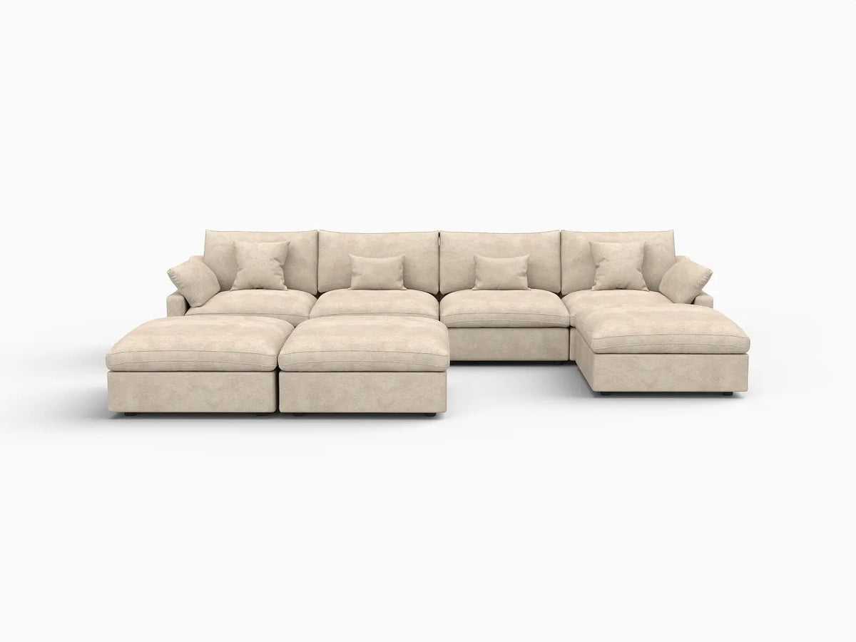 Deluxe Slope Cloud Sectional Sofa Covers | Khaki Chenille and Linen Sofa Cover for 4-Seater with 3-Ottomans — product view 1