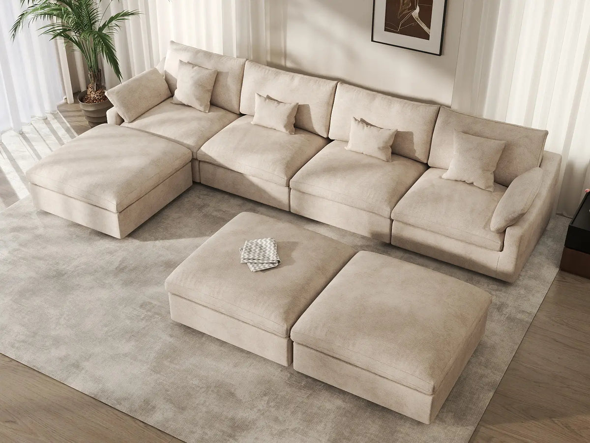 Deluxe Slope Cloud Sectional Sofa Covers | Khaki Chenille and Linen Sofa Cover for 4-Seater with 3-Ottomans — product view 3