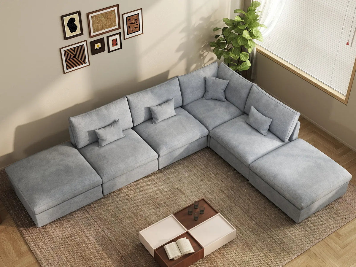 Deluxe Slope Cloud Sectional Sofa Covers | Light Grey Chenille and Linen Sofa Cover for 4-Seater with 2-Ottomans — product view 4