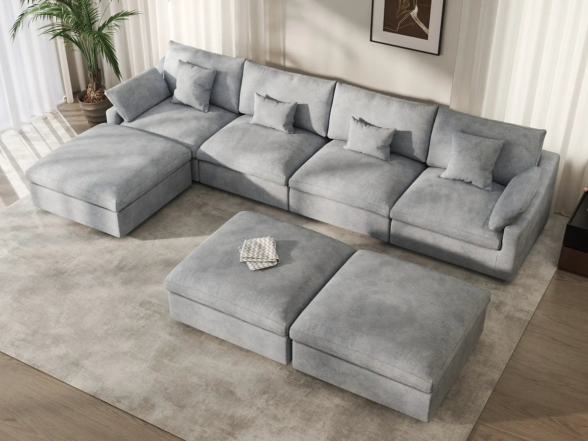 Deluxe Slope Cloud Sectional Sofa Covers | Light Grey Chenille and Linen Sofa Cover for 4-Seater with 3-Ottomans — product view 3