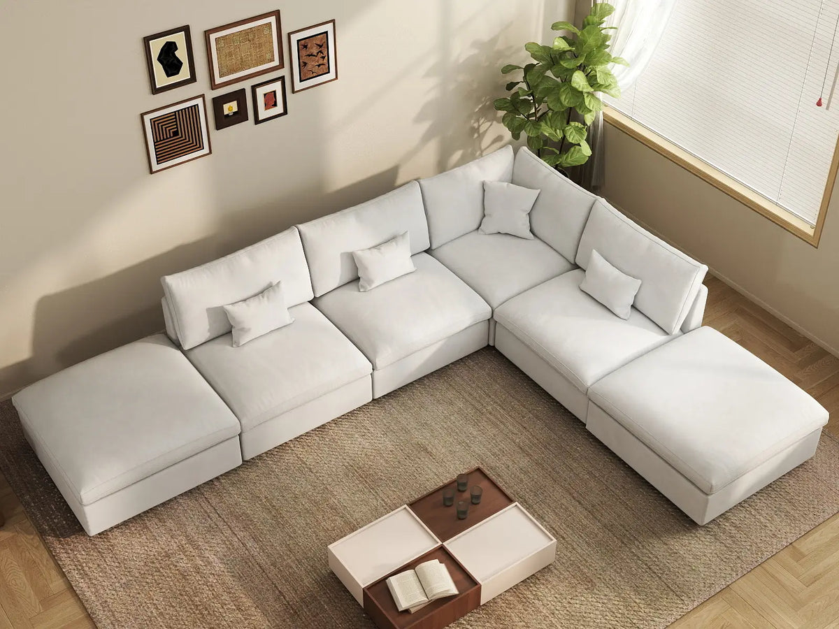 Deluxe Slope Cloud Sectional Sofa Covers | White Chenille and Linen Sofa Cover for 4-Seater with 2-Ottomans — product view 4