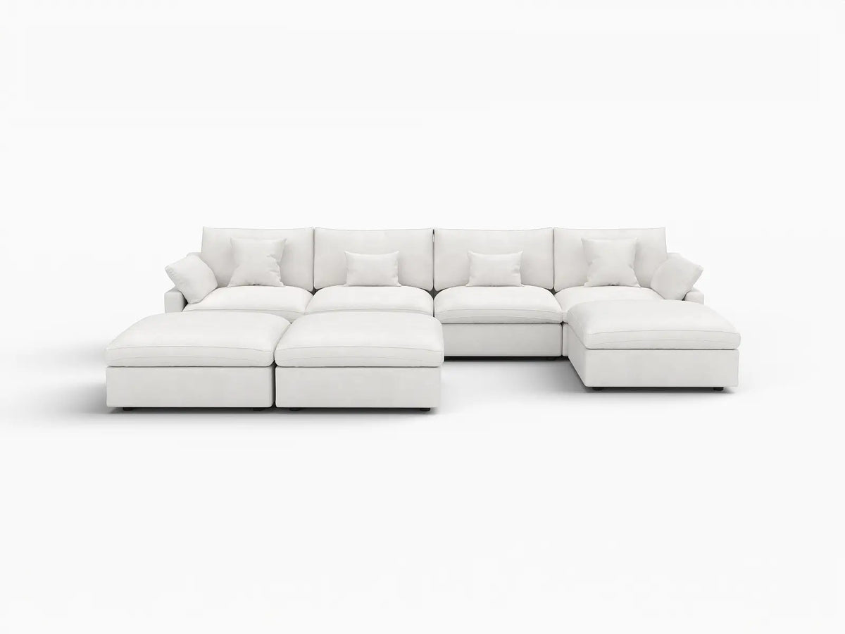 Deluxe Slope Cloud Sectional Sofa Covers | White Chenille and Linen Sofa Cover for 4-Seater with 3-Ottomans — product view 1