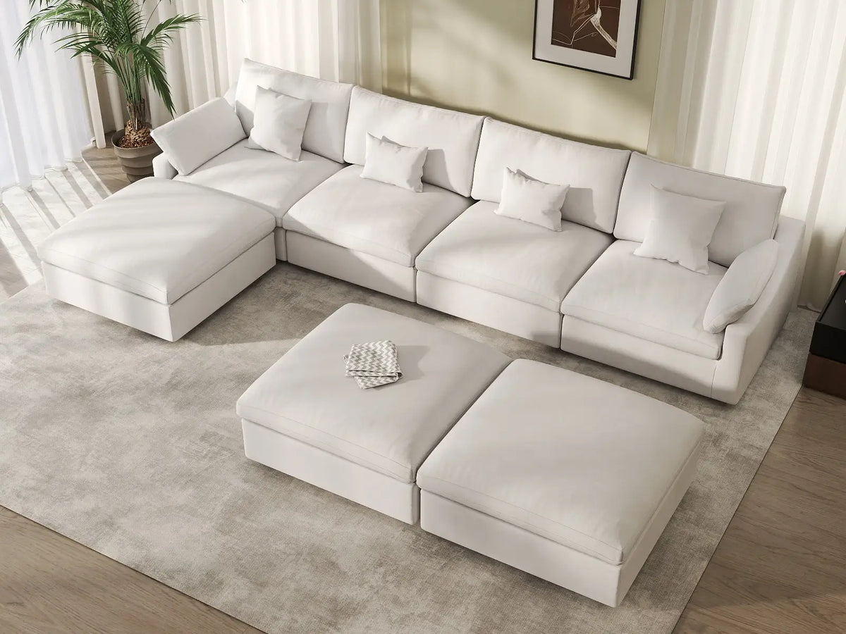 Deluxe Slope Cloud Sectional Sofa Covers | White Chenille and Linen Sofa Cover for 4-Seater with 3-Ottomans — product view 3