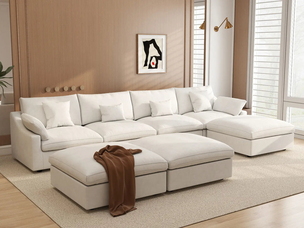 Deluxe Slope Cloud Sectional Sofa Covers | White Chenille and Linen Sofa Cover for 4-Seater with 3-Ottomans — product view 4
