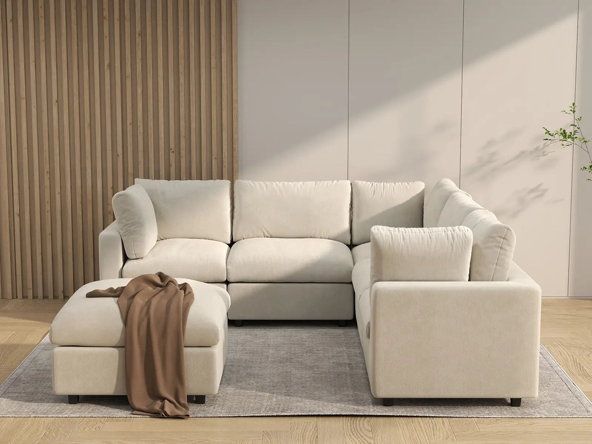 Deluxe Cloud 5-Seater Beige Large Space Sofa Set | 6-Piece (Includes 1 Ottoman), Linen-Blend Chenille Fabric, Easy To Clean — product view 6