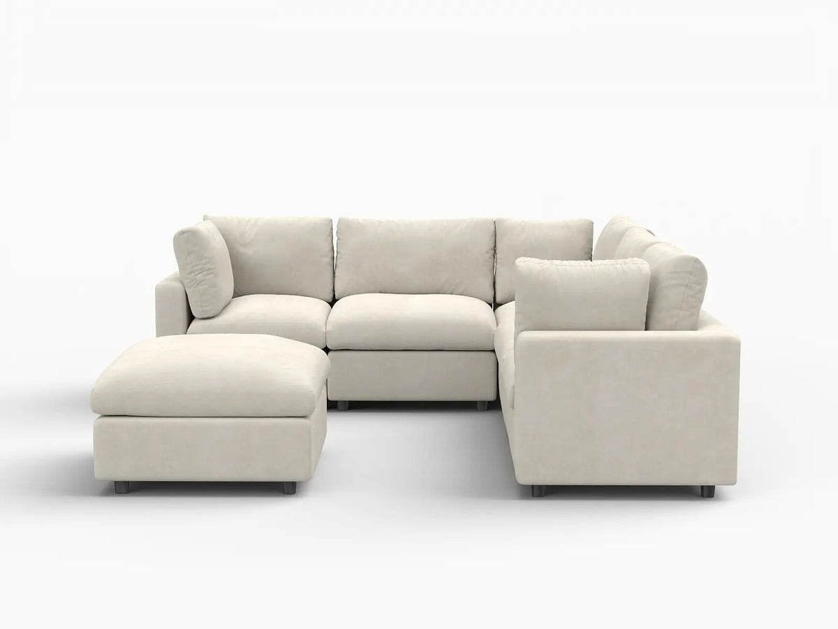 Deluxe Cloud 5-Seater Beige Large Space Sofa Set | 6-Piece (Includes 1 Ottoman), Linen-Blend Chenille Fabric, Easy To Clean — product view 7