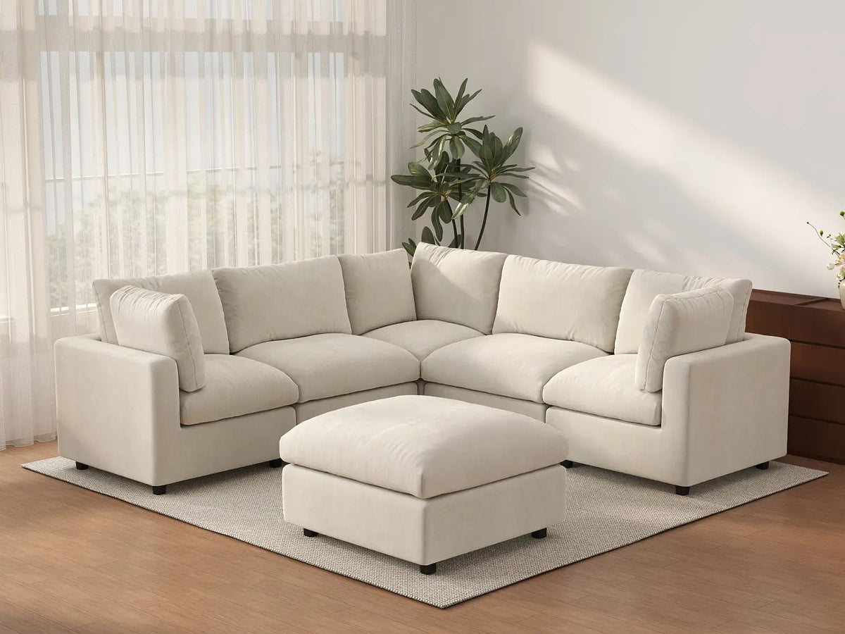 Deluxe Cloud 5-Seater Beige Large Space Sofa Set | 6-Piece (Includes 1 Ottoman), Linen-Blend Chenille Fabric, Easy To Clean — product view 2