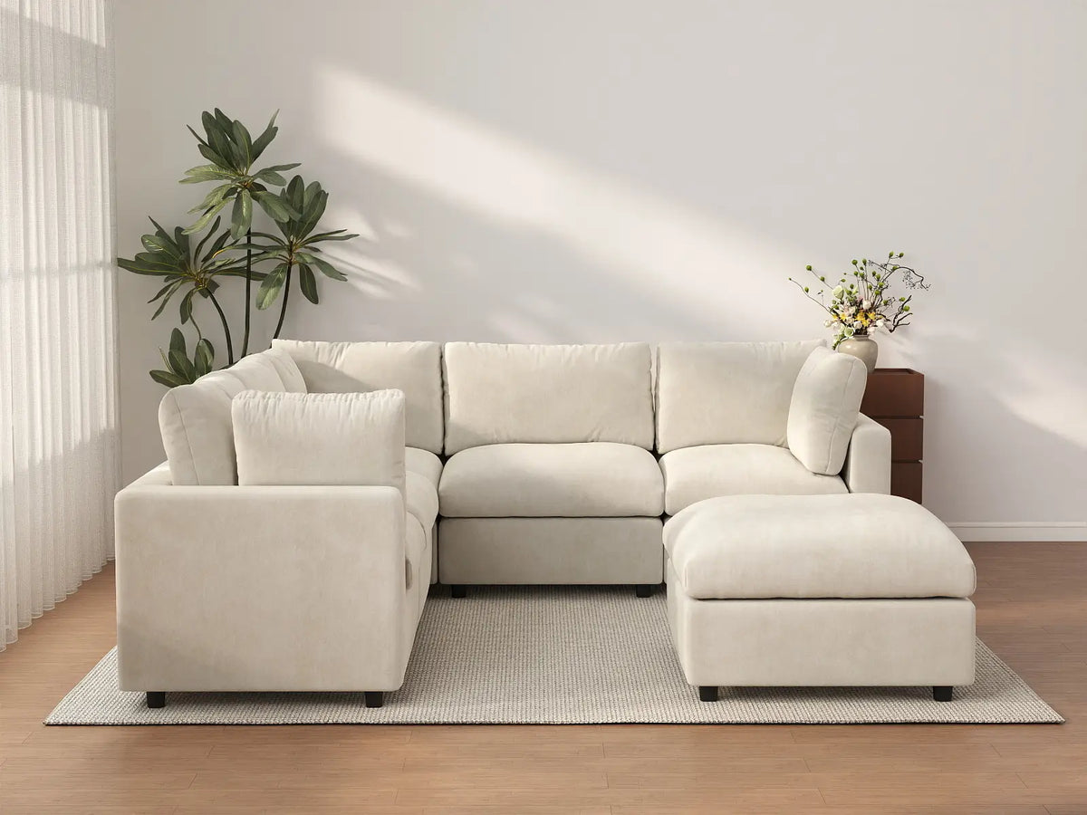 Deluxe Cloud 5-Seater Beige Large Space Sofa Set | 6-Piece (Includes 1 Ottoman), Linen-Blend Chenille Fabric, Easy To Clean — product view 1