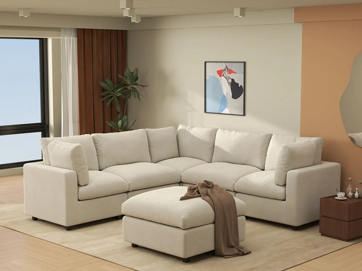 Deluxe Cloud 5-Seater Beige Large Space Sofa Set | 6-Piece (Includes 1 Ottoman), Linen-Blend Chenille Fabric, Easy To Clean — product view 4