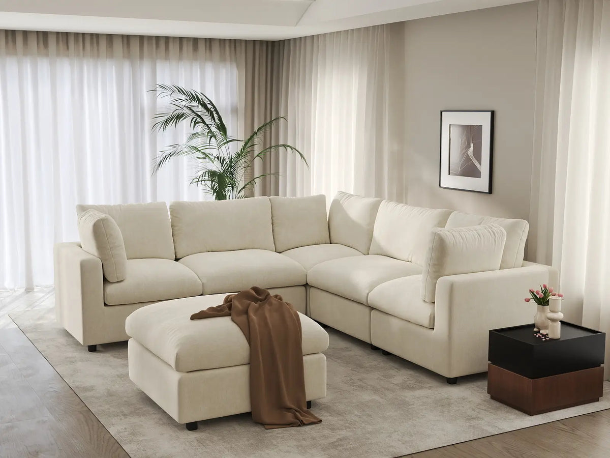 Deluxe Cloud 5-Seater Beige Large Space Sofa Set | 6-Piece (Includes 1 Ottoman), Linen-Blend Chenille Fabric, Easy To Clean — product view 3