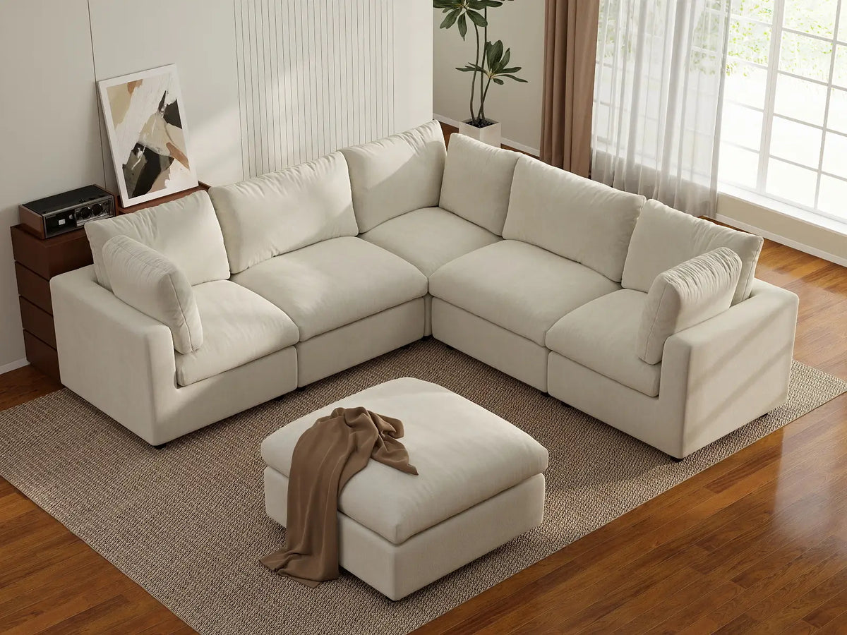 Deluxe Cloud 5-Seater Beige Large Space Sofa Set | 6-Piece (Includes 1 Ottoman), Linen-Blend Chenille Fabric, Easy To Clean — product view 5