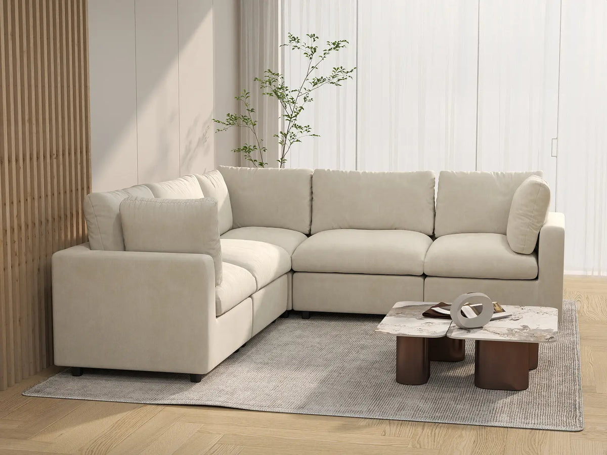 Deluxe Cloud 5-Seater Beige Large Space V-Shaped Sectional | 5-Piece, Linen-Blend Chenille Fabric, Easy To Clean — product view 6
