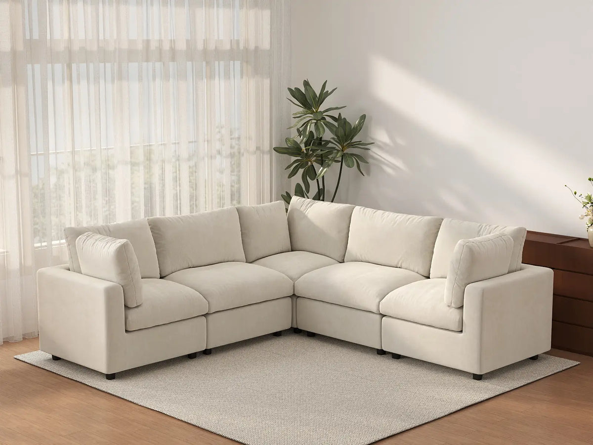 Deluxe Cloud 5-Seater Beige Large Space V-Shaped Sectional | 5-Piece, Linen-Blend Chenille Fabric, Easy To Clean — product view 2