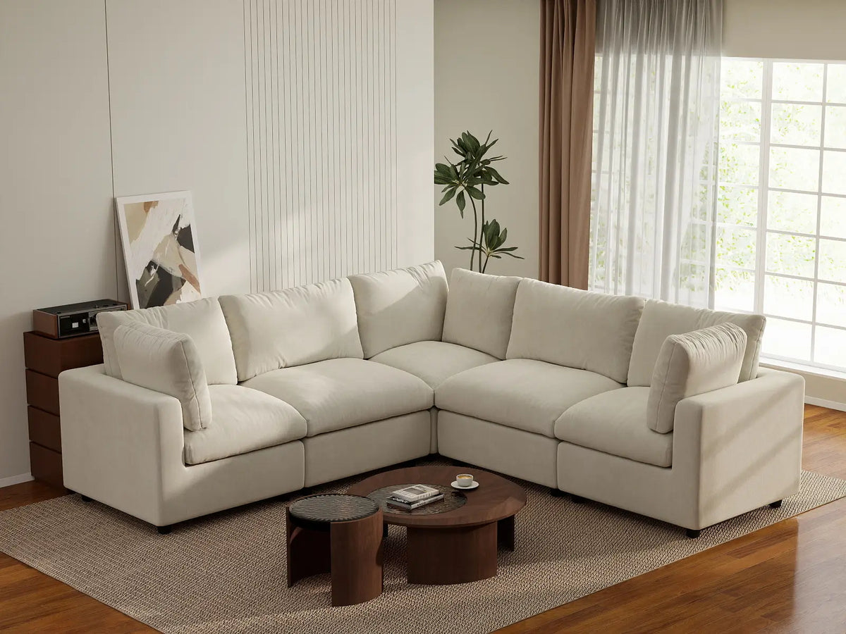 Deluxe Cloud 5-Seater Beige Large Space V-Shaped Sectional | 5-Piece, Linen-Blend Chenille Fabric, Easy To Clean — product view 4
