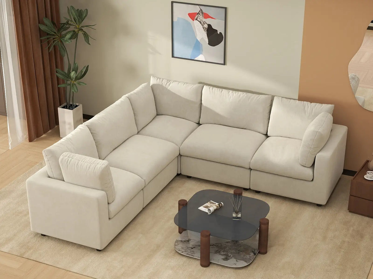 Deluxe Cloud 5-Seater Beige Large Space V-Shaped Sectional | 5-Piece, Linen-Blend Chenille Fabric, Easy To Clean — product view 3