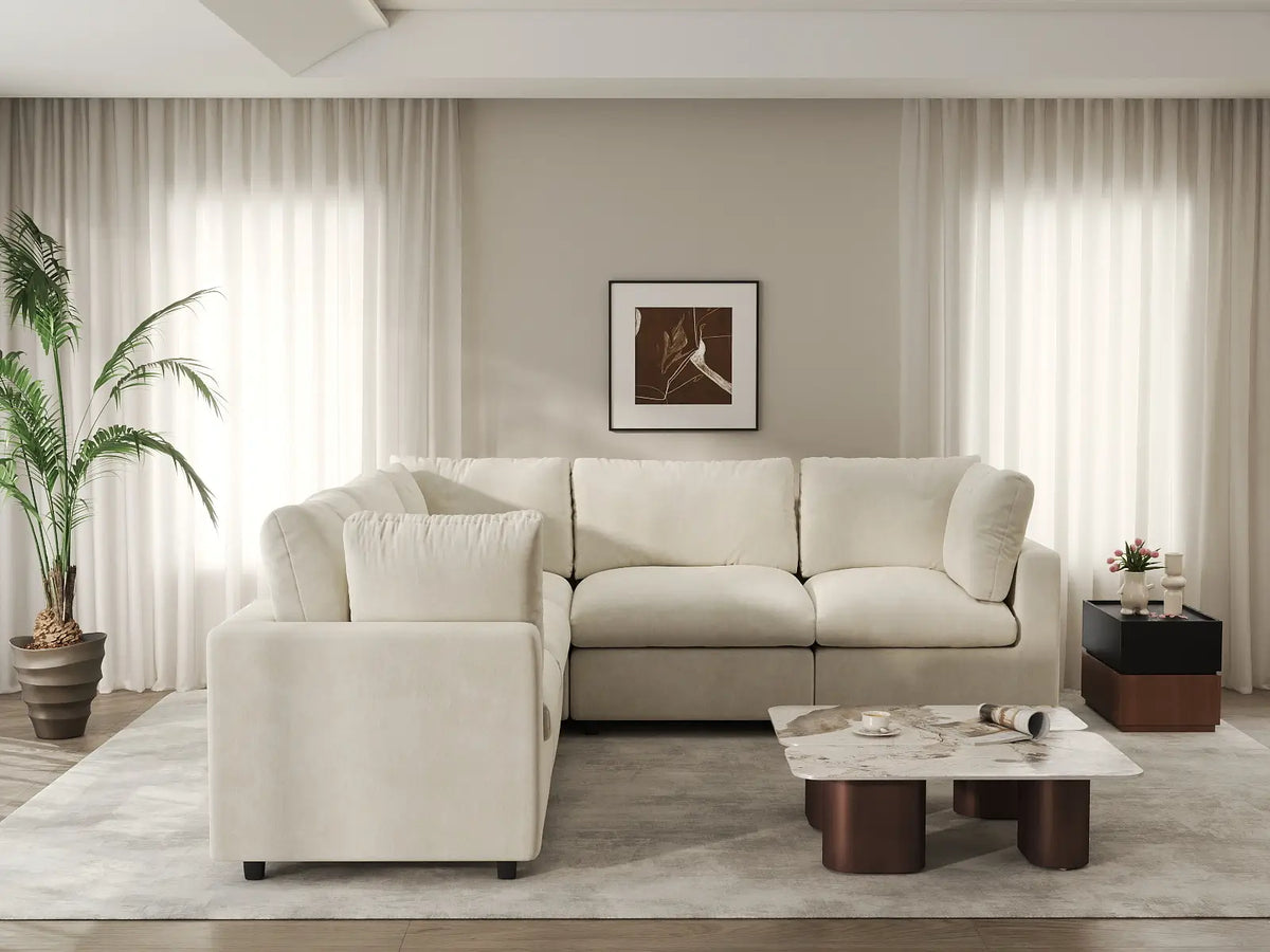 Deluxe Cloud 5-Seater Beige Large Space V-Shaped Sectional | 5-Piece, Linen-Blend Chenille Fabric, Easy To Clean — product view 5