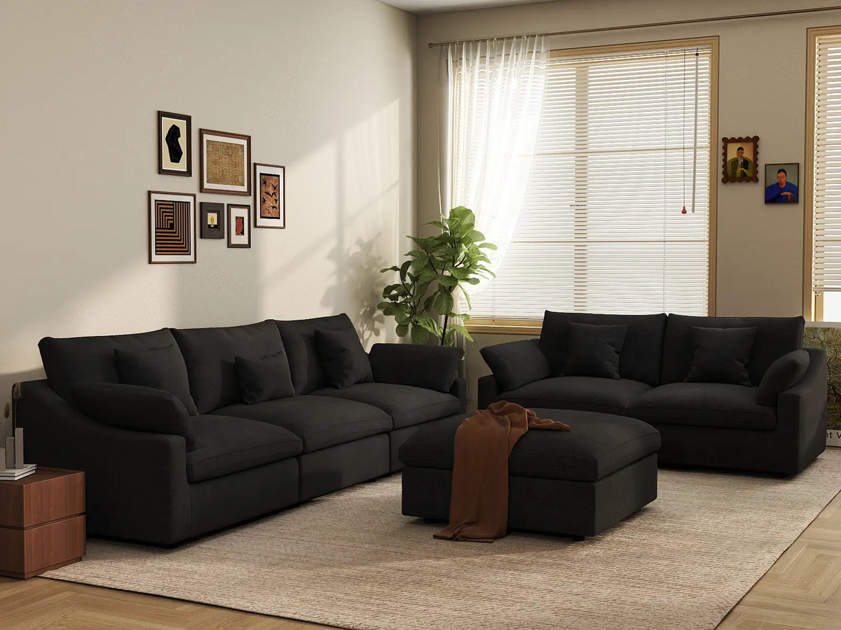 Deluxe Slope Cloud Sectional Sofa Covers | Black Chenille and Linen Sofa Cover for 5-Seater with 1-Ottoman — product view 4