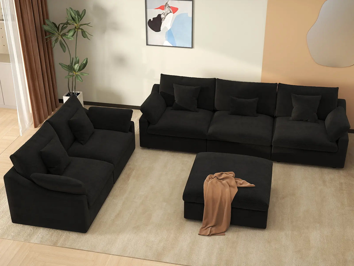 Deluxe Slope Cloud Sectional Sofa Covers | Black Chenille and Linen Sofa Cover for 5-Seater with 1-Ottoman — product view 3