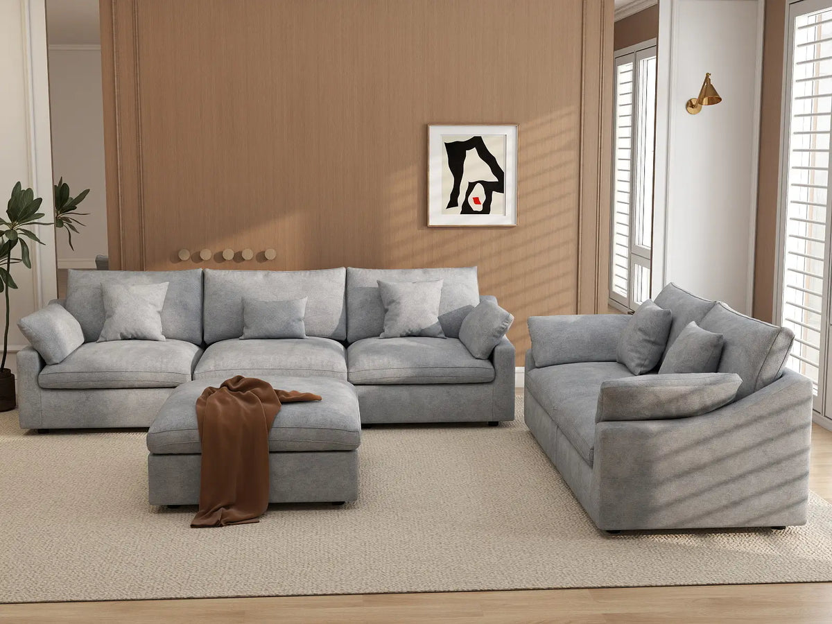Deluxe Slope Cloud Sectional Sofa Covers | Light Grey Chenille and Linen Sofa Cover for 5-Seater with 1-Ottoman — product view 3