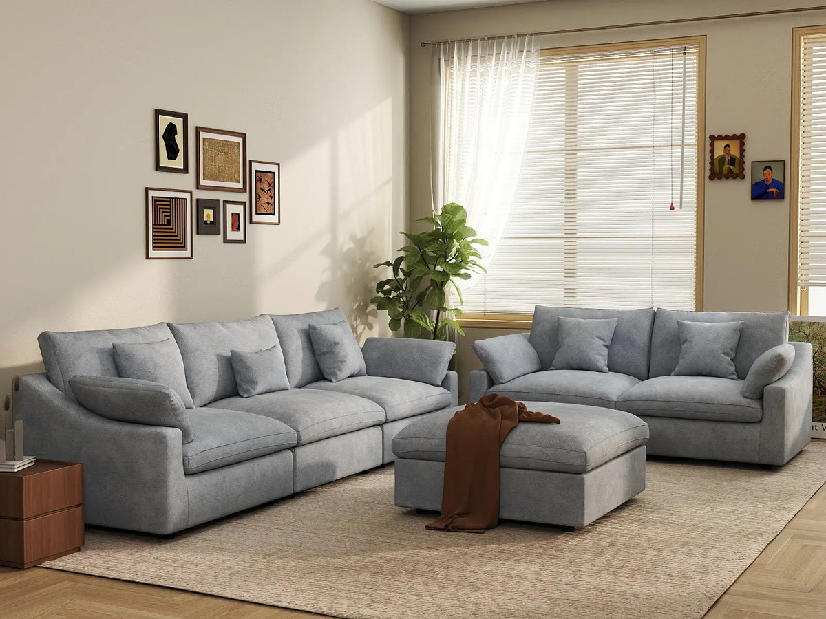 Deluxe Slope Cloud Sectional Sofa Covers | Light Grey Chenille and Linen Sofa Cover for 5-Seater with 1-Ottoman — product view 4