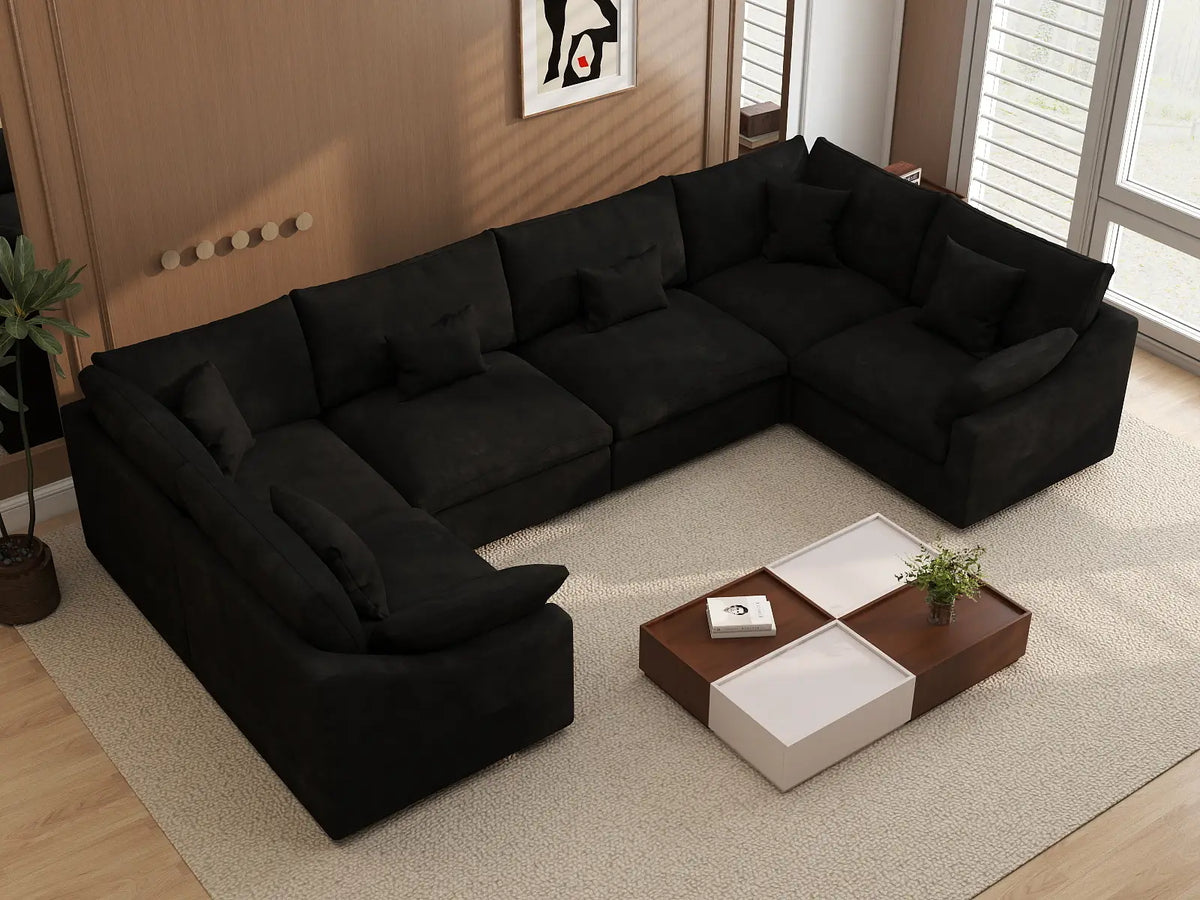 Deluxe Slope Cloud Sectional Sofa Covers | Black Chenille and Linen Sofa Cover for 6-Seater — product view 4