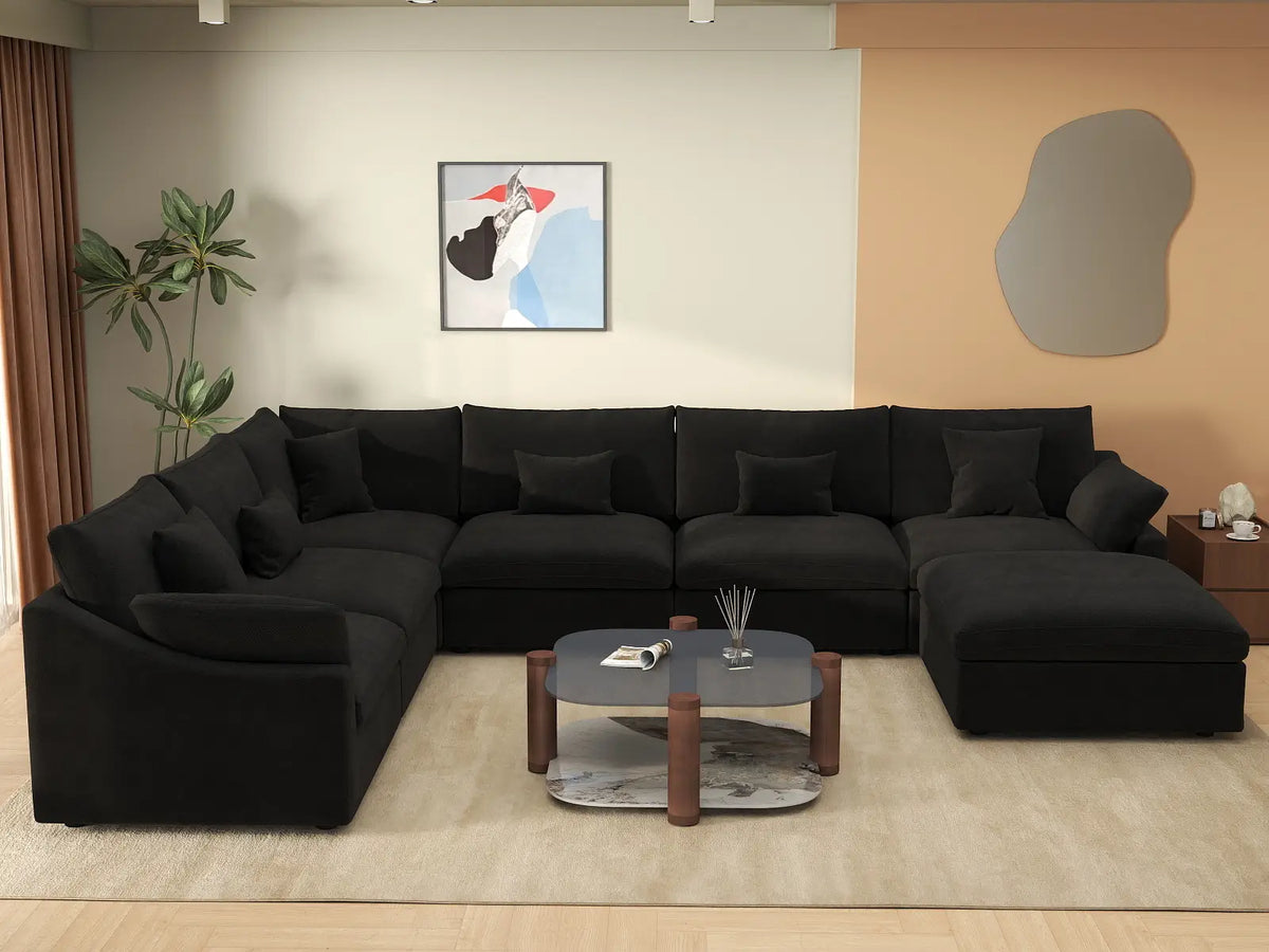 Deluxe Slope Cloud Sectional Sofa Covers | Black Chenille and Linen Sofa Cover for 6-Seater with 1-Ottoman — product view 3