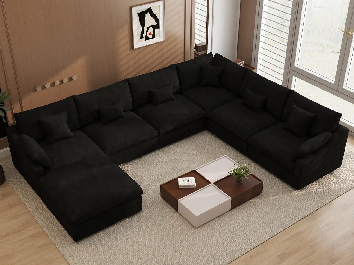 Deluxe Slope Cloud Sectional Sofa Covers | Black Chenille and Linen Sofa Cover for 6-Seater with 1-Ottoman — product view 4