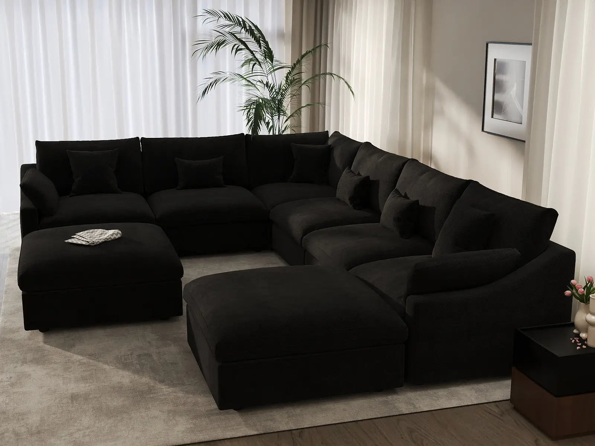 Deluxe Slope Cloud Sectional Sofa Covers | Black Chenille and Linen Sofa Cover for 6-Seater with 2-Ottomans — product view 4