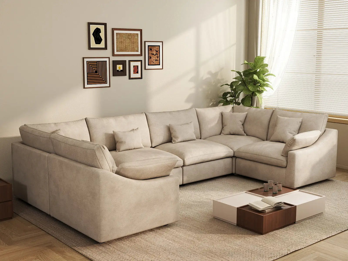 Deluxe Slope Cloud Sectional Sofa Covers | Khaki Chenille and Linen Sofa Cover for 6-Seater — product view 4