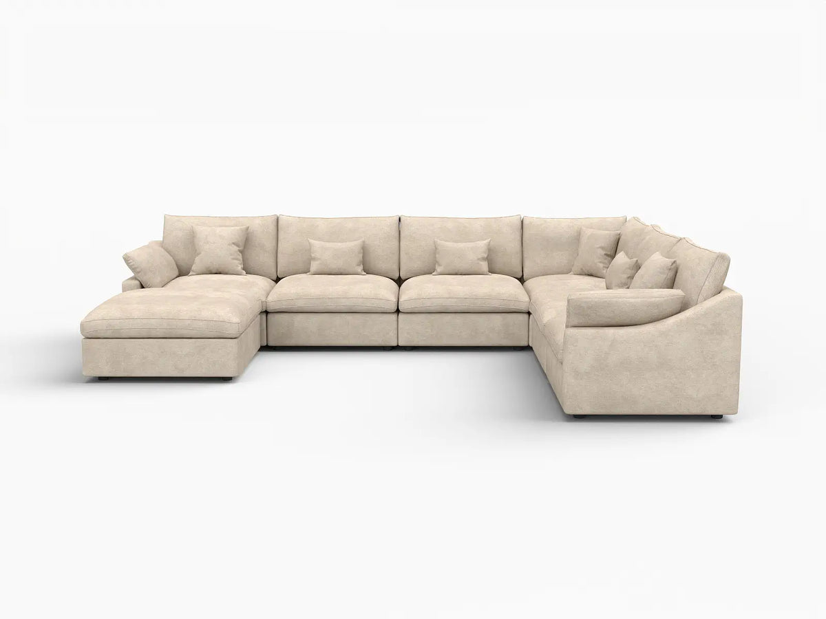 Deluxe Slope Cloud Sectional Sofa Covers | Khaki Chenille and Linen Sofa Cover for 6-Seater with 1-Ottoman — product view 1