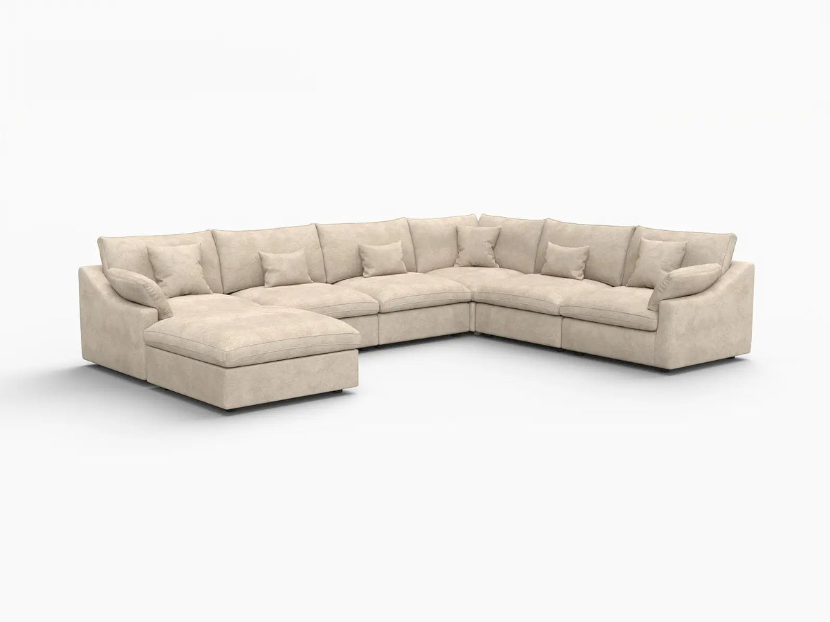 Deluxe Slope Cloud Sectional Sofa Covers | Khaki Chenille and Linen Sofa Cover for 6-Seater with 1-Ottoman — product view 2