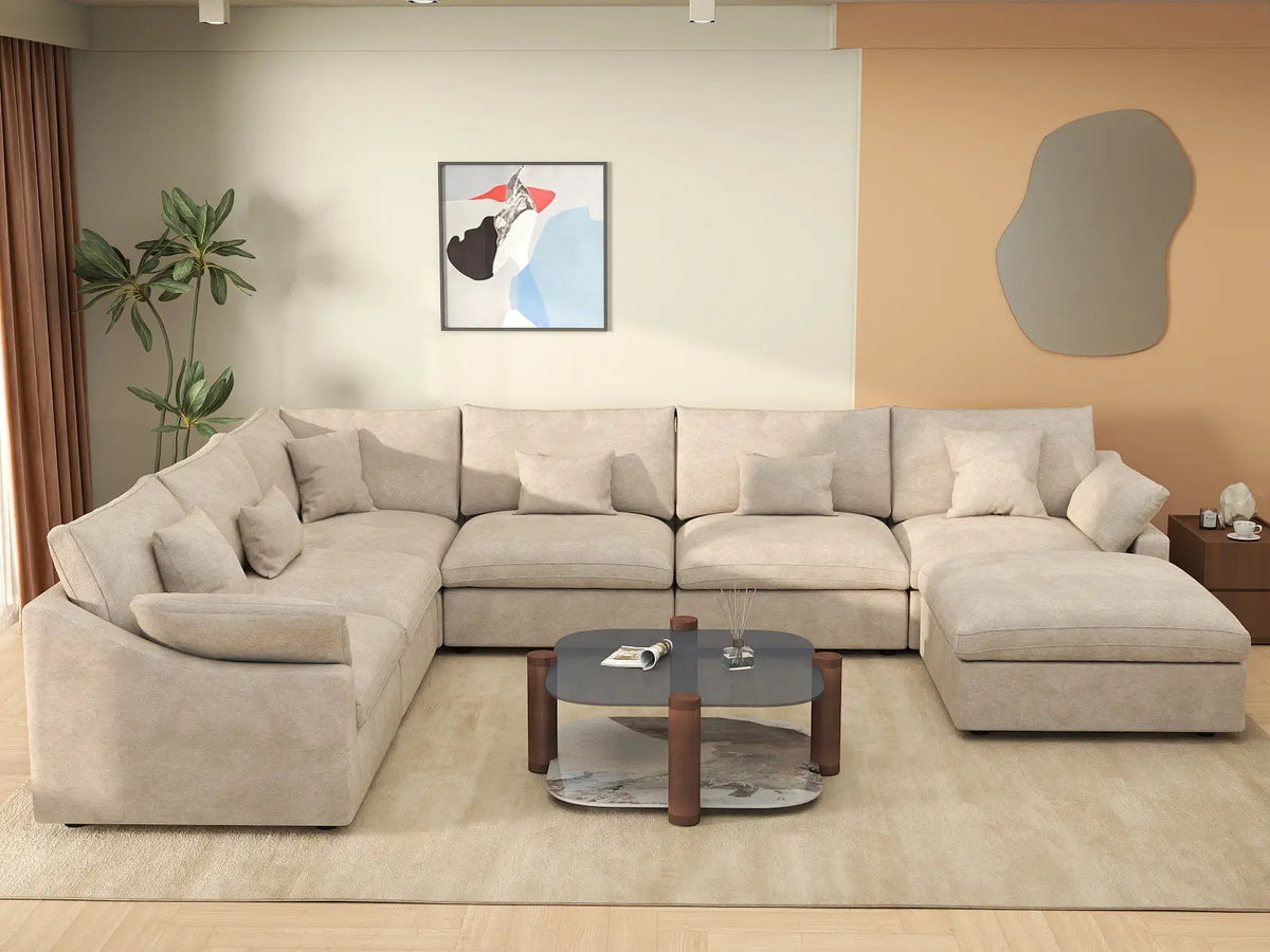 Deluxe Slope Cloud Sectional Sofa Covers | Khaki Chenille and Linen Sofa Cover for 6-Seater with 1-Ottoman — product view 3
