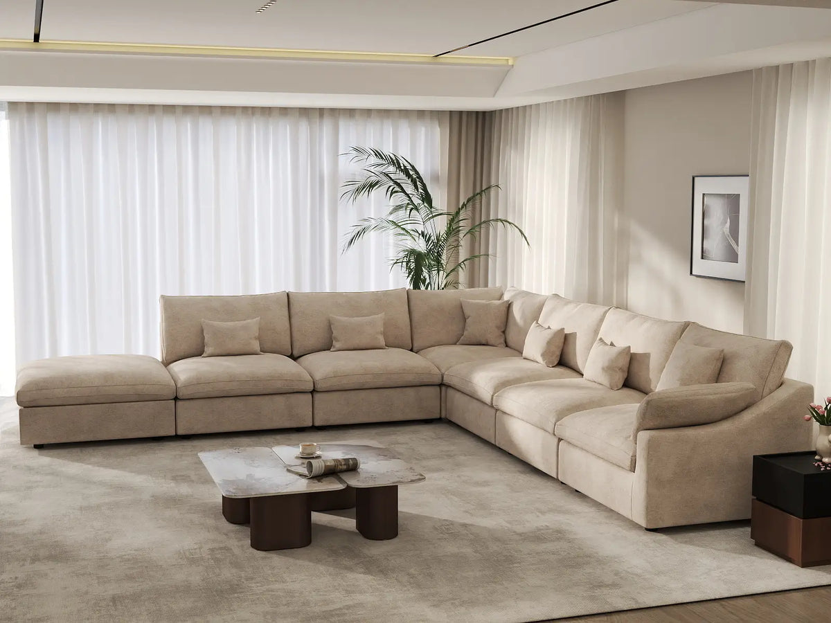 Deluxe Slope Cloud Sectional Sofa Covers | Khaki Chenille and Linen Sofa Cover for 6-Seater with 1-Ottoman — product view 4