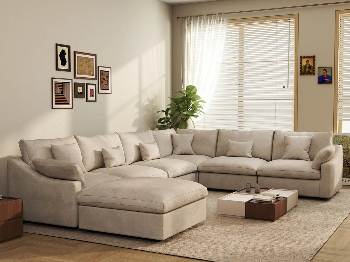 Deluxe Slope Cloud Sectional Sofa Covers | Khaki Chenille and Linen Sofa Cover for 6-Seater with 1-Ottoman — product view 4