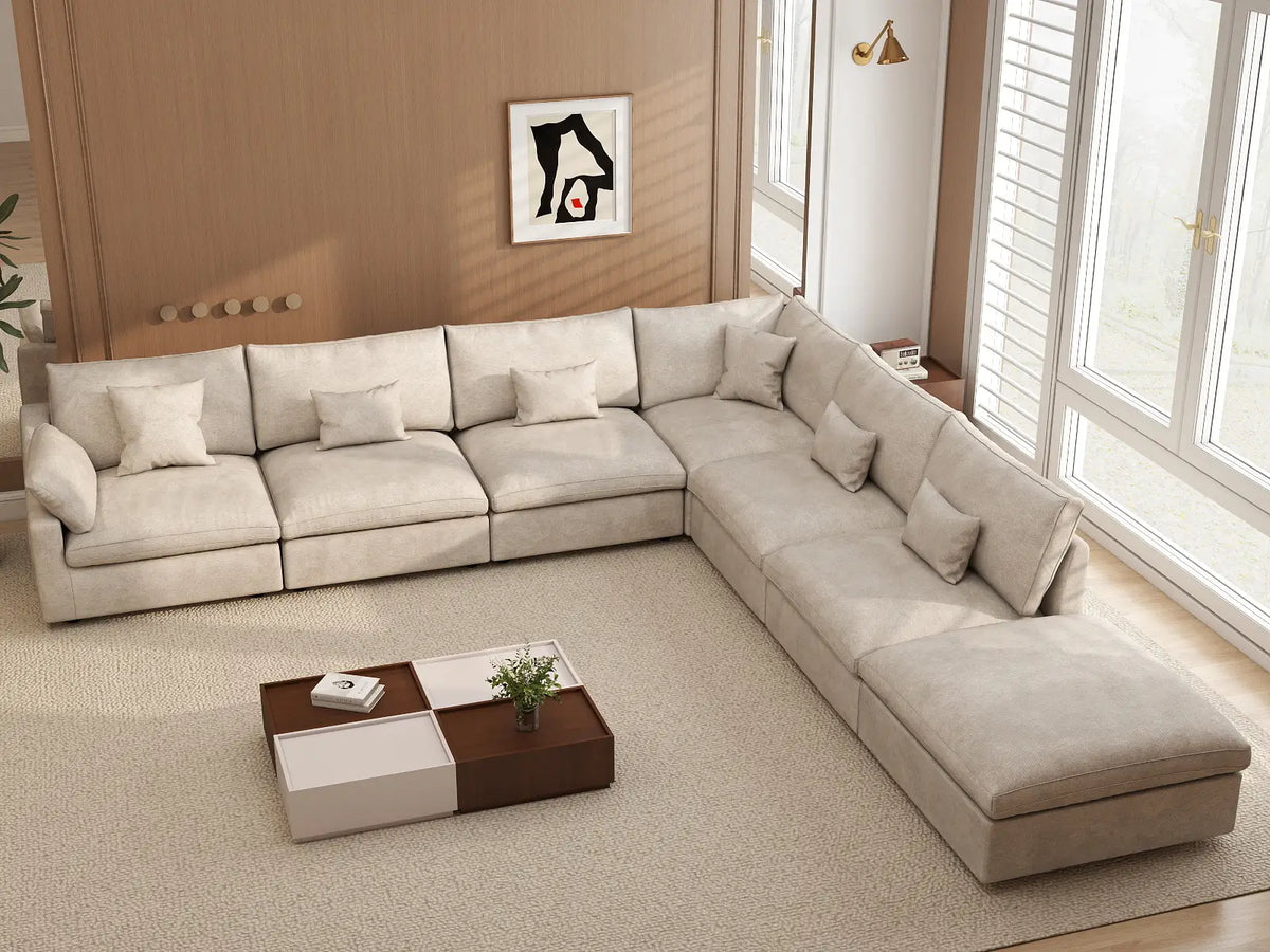 Deluxe Slope Cloud Sectional Sofa Covers | Khaki Chenille and Linen Sofa Cover for 6-Seater with 1-Ottoman — product view 3