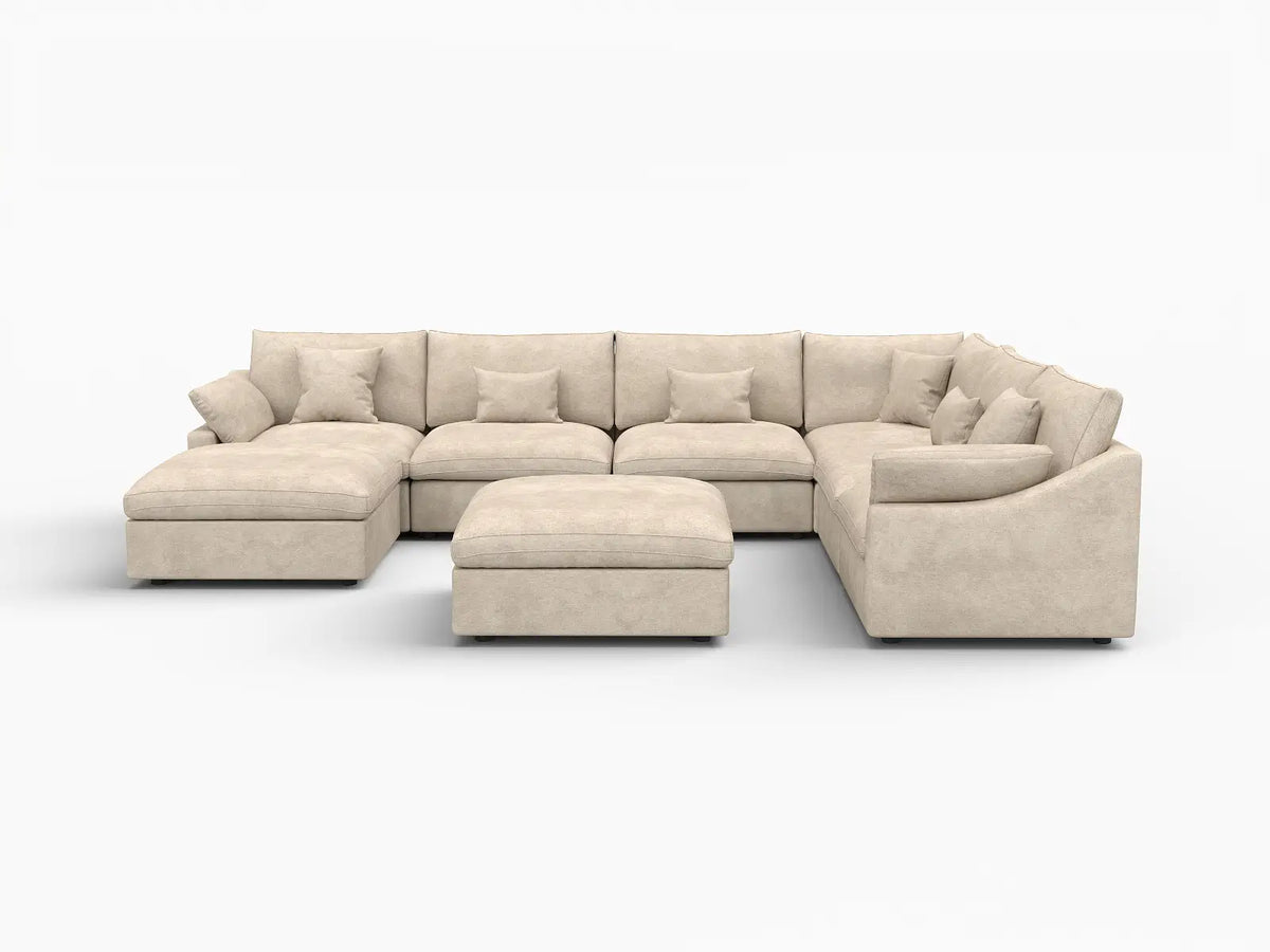 Deluxe Slope Cloud Sectional Sofa Covers | Khaki Chenille and Linen Sofa Cover for 6-Seater with 2-Ottomans — product view 1