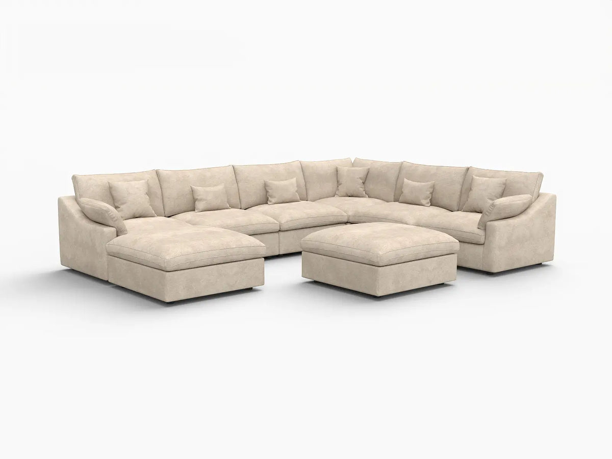 Deluxe Slope Cloud Sectional Sofa Covers | Khaki Chenille and Linen Sofa Cover for 6-Seater with 2-Ottomans — product view 2