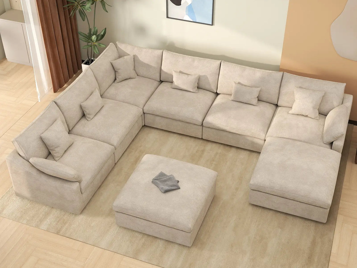 Deluxe Slope Cloud Sectional Sofa Covers | Khaki Chenille and Linen Sofa Cover for 6-Seater with 2-Ottomans — product view 4