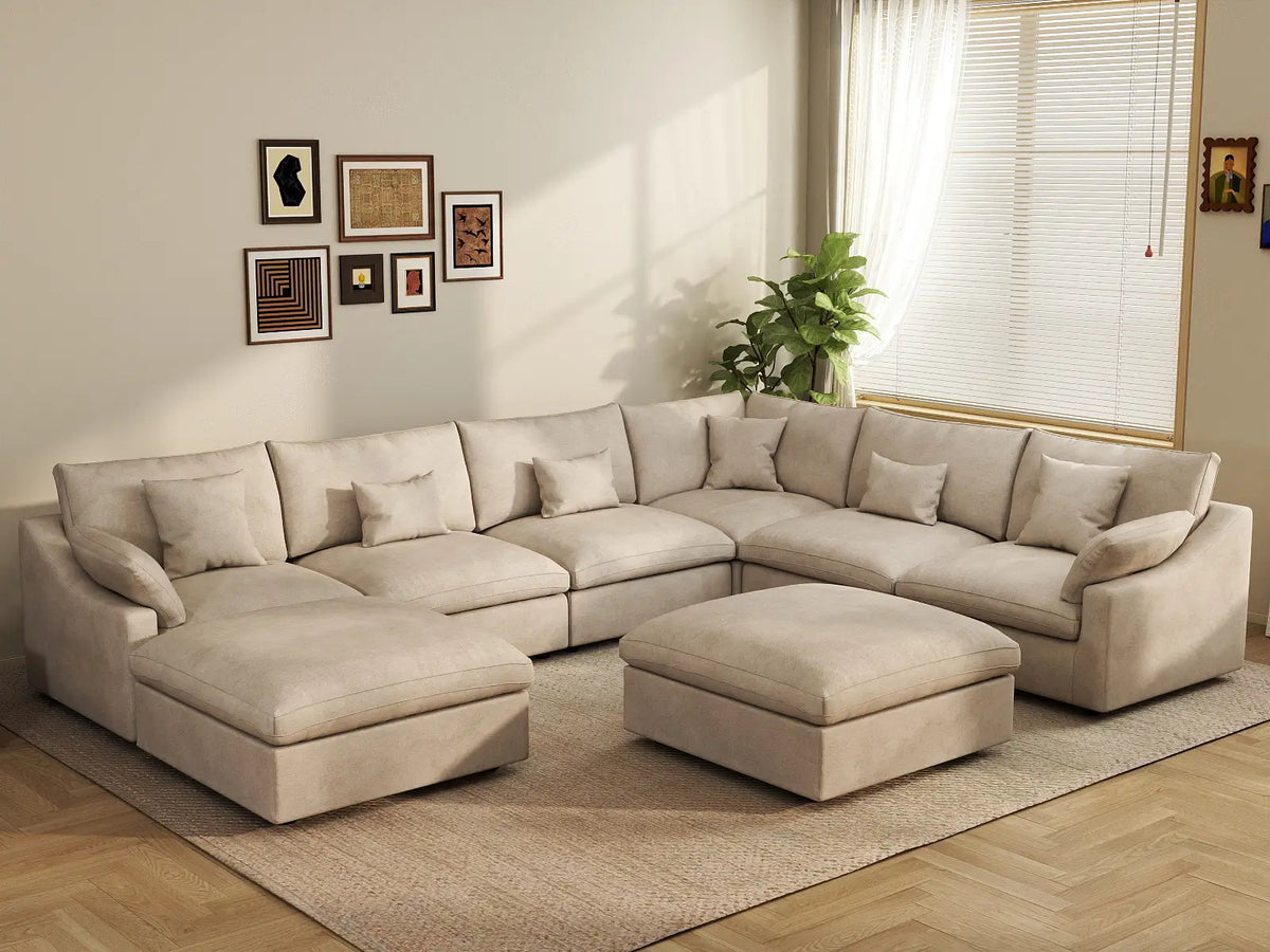 Deluxe Slope Cloud Sectional Sofa Covers | Khaki Chenille and Linen Sofa Cover for 6-Seater with 2-Ottomans — product view 3