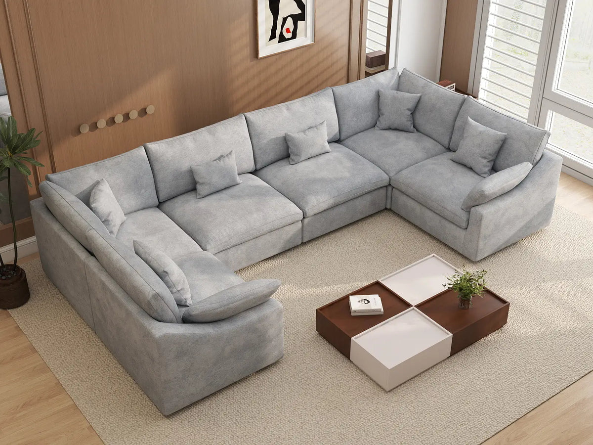 Deluxe Slope Cloud Sectional Sofa Covers | Light Grey Chenille and Linen Sofa Cover for 6-Seater — product view 3