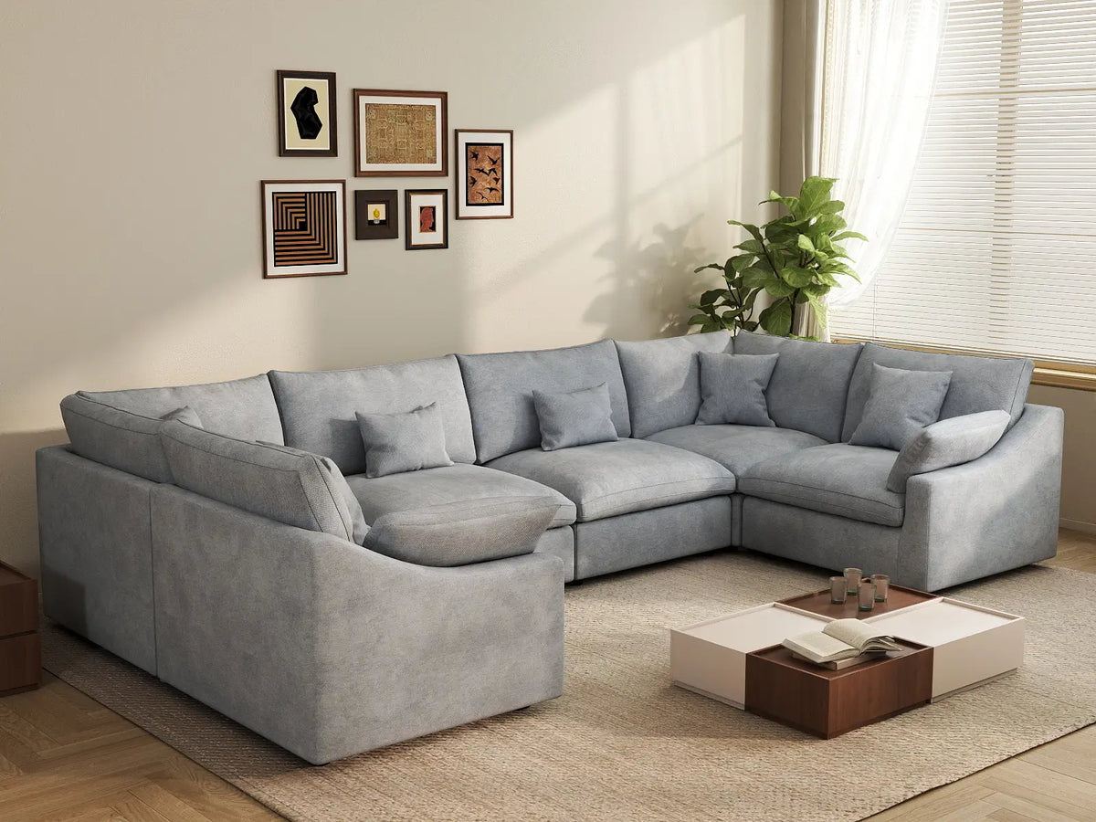 Deluxe Slope Cloud Sectional Sofa Covers | Light Grey Chenille and Linen Sofa Cover for 6-Seater — product view 4