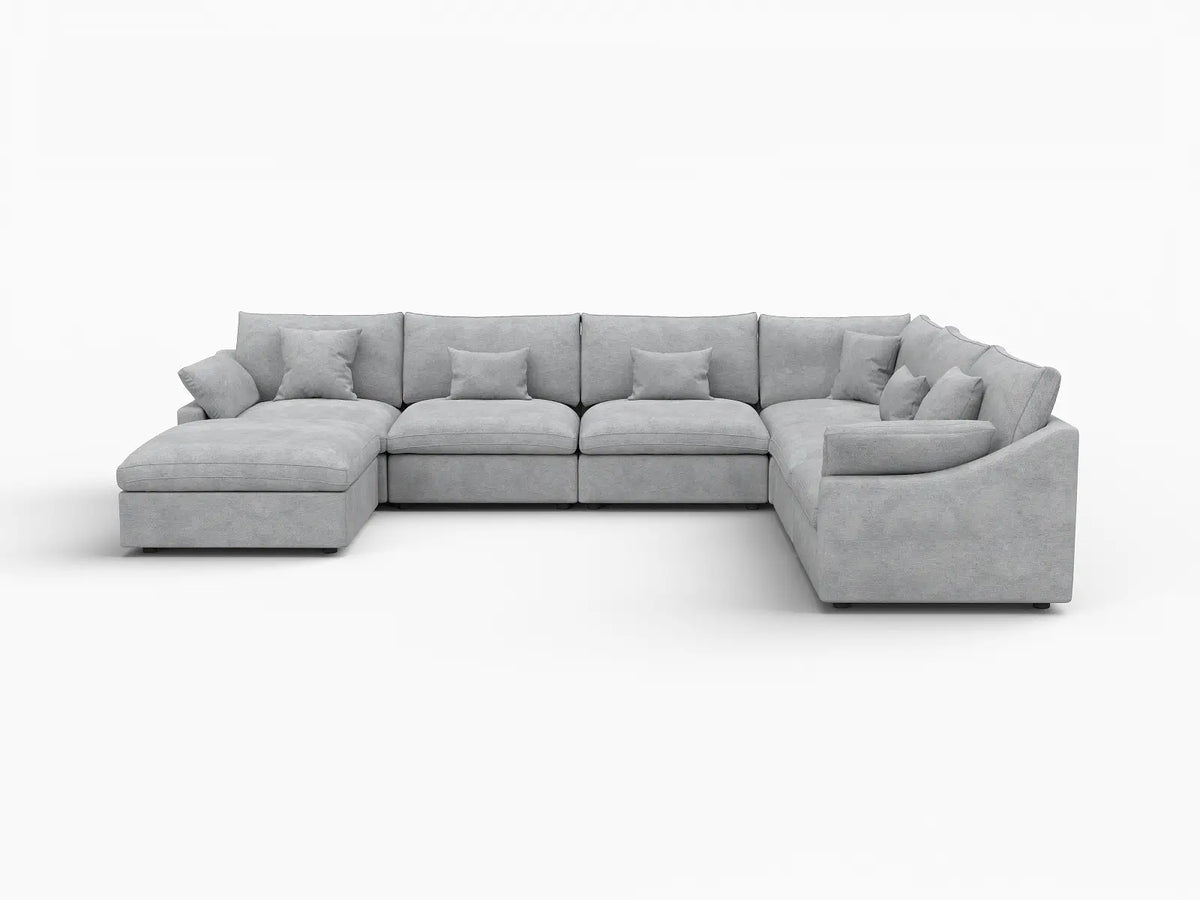 Deluxe Slope Cloud Sectional Sofa Covers | Light Grey Chenille and Linen Sofa Cover for 6-Seater with 1-Ottoman — product view 1
