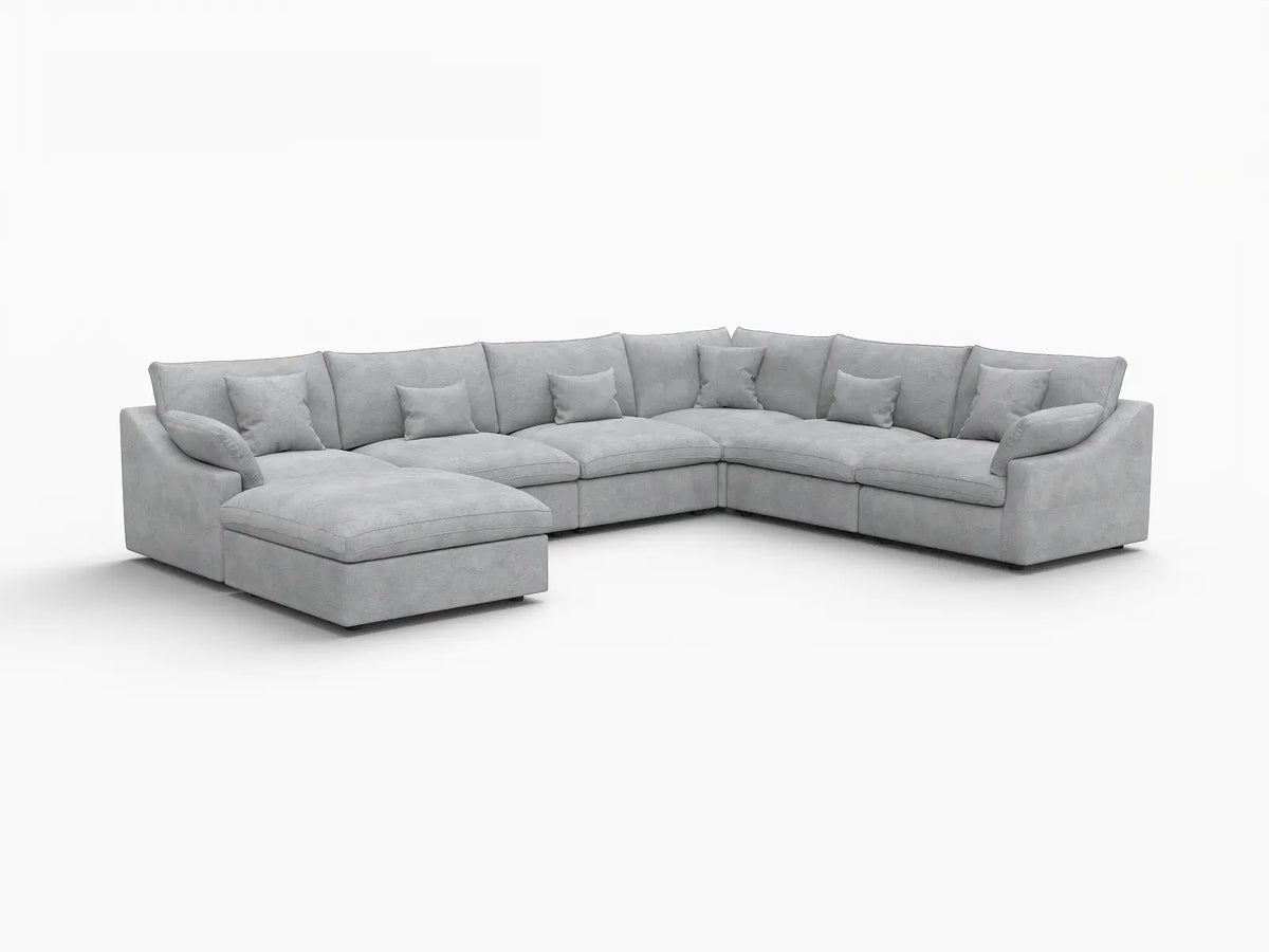 Deluxe Slope Cloud Sectional Sofa Covers | Light Grey Chenille and Linen Sofa Cover for 6-Seater with 1-Ottoman — product view 2