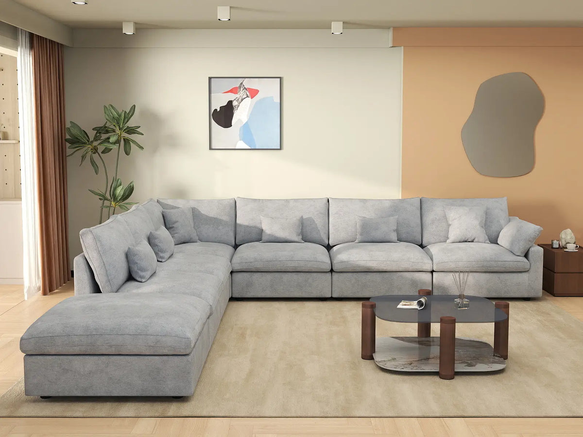 Deluxe Slope Cloud Sectional Sofa Covers | Light Grey Chenille and Linen Sofa Cover for 6-Seater with 1-Ottoman — product view 4