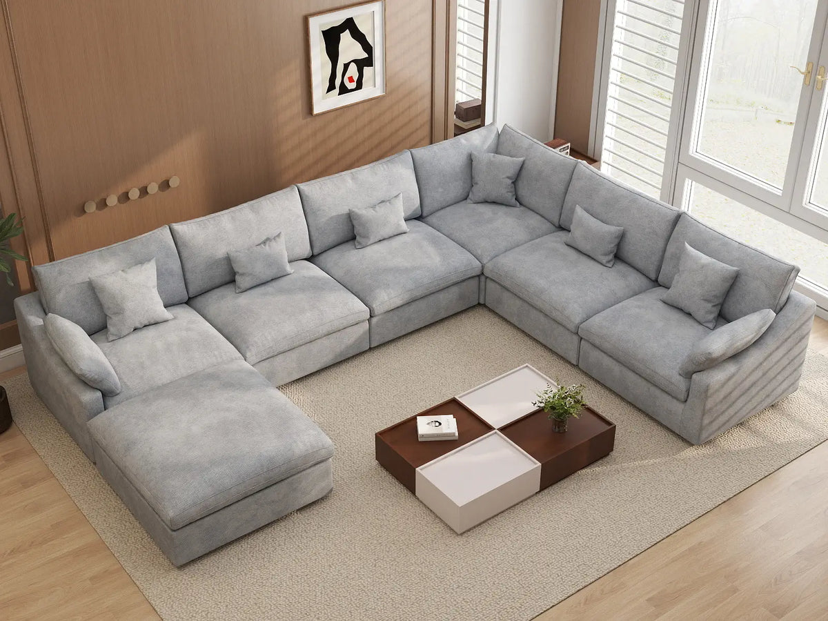 Deluxe Slope Cloud Sectional Sofa Covers | Light Grey Chenille and Linen Sofa Cover for 6-Seater with 1-Ottoman — product view 3